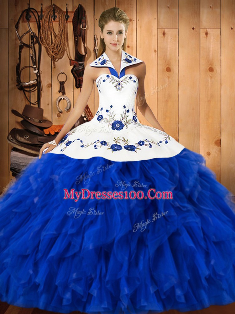 Unique Floor Length Blue And White Quinceanera Gown Satin and Organza Sleeveless Embroidery and Ruffles