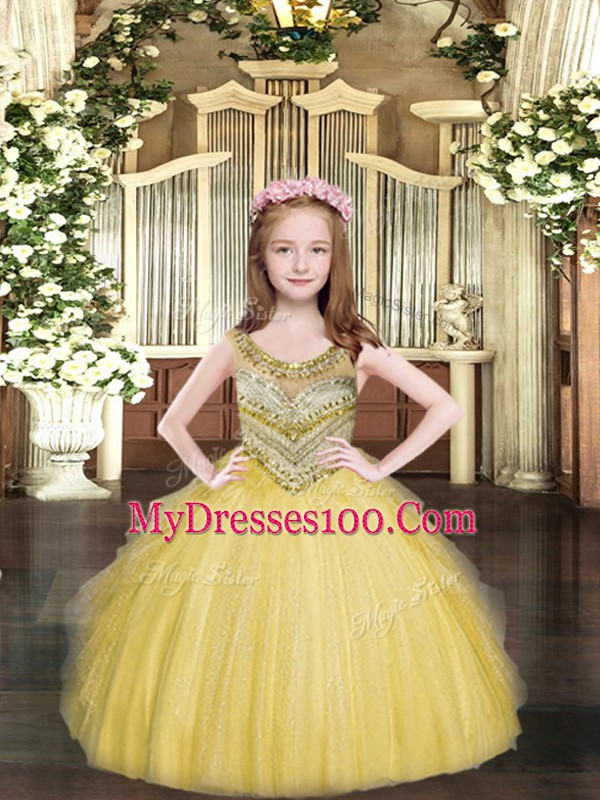 Floor Length Ball Gowns Sleeveless Gold Kids Formal Wear Lace Up