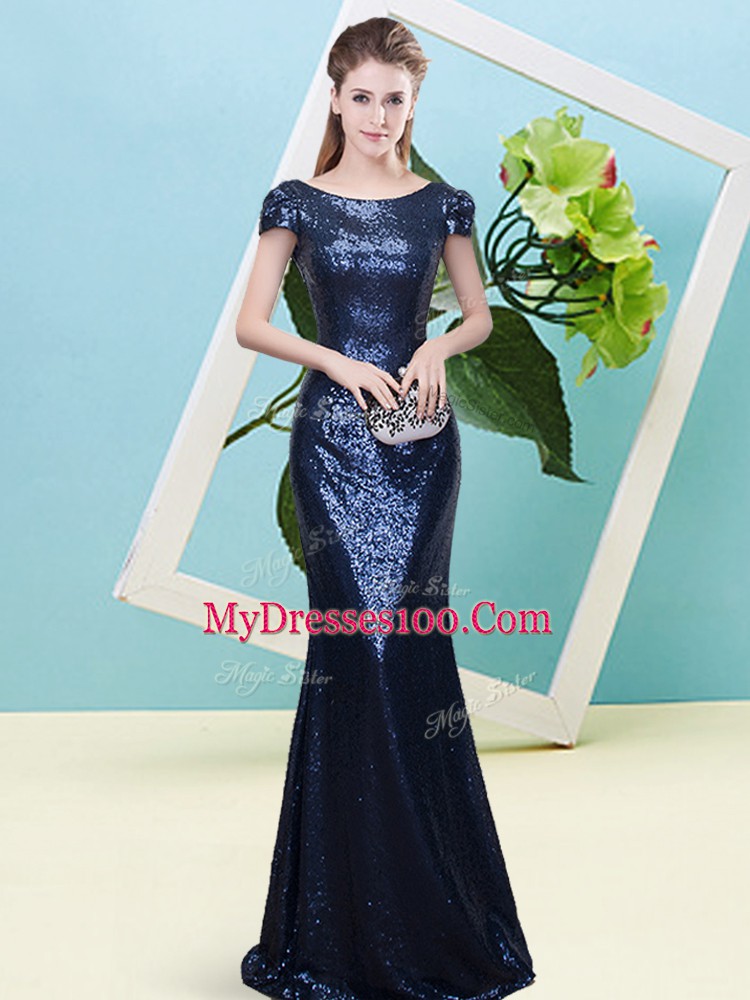 Decent Scoop Cap Sleeves Prom Dresses Floor Length Sequins Navy Blue Sequined