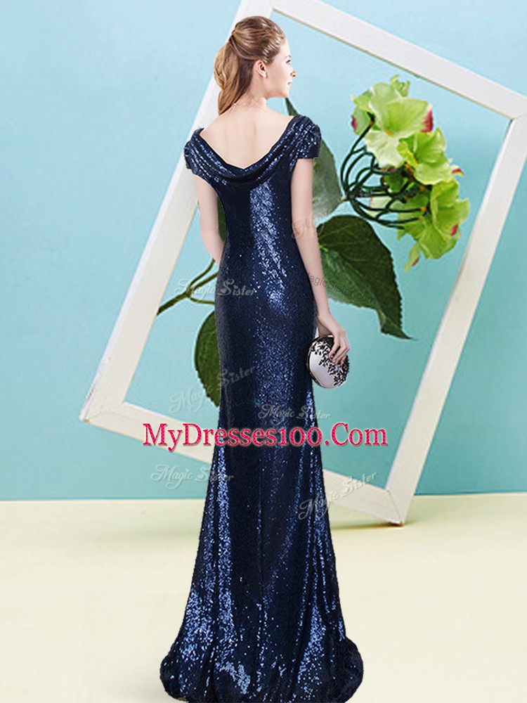 Decent Scoop Cap Sleeves Prom Dresses Floor Length Sequins Navy Blue Sequined