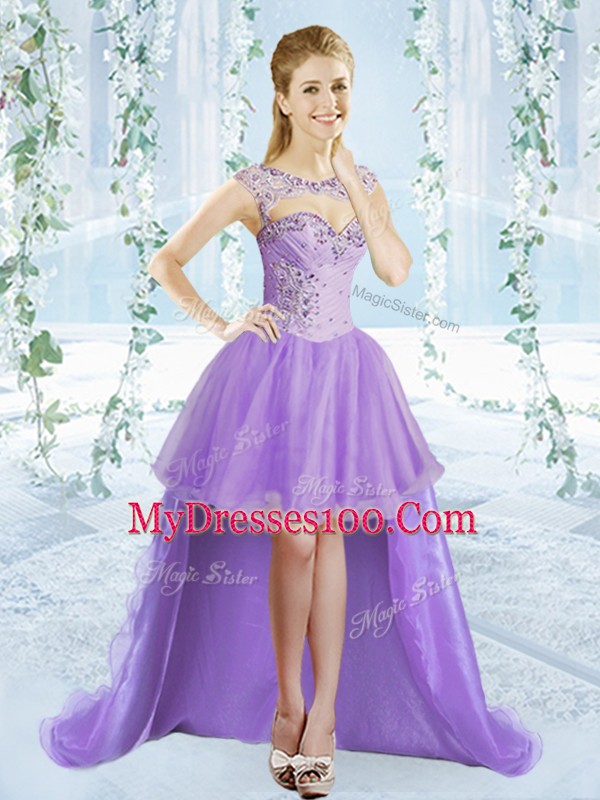 Lavender Sleeveless High Low Beading Lace Up Cocktail Dress