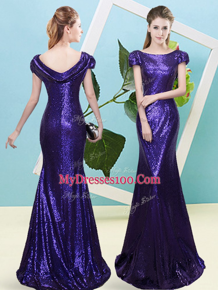 Superior Purple Cap Sleeves Sequined Zipper Homecoming Dress for Prom and Party