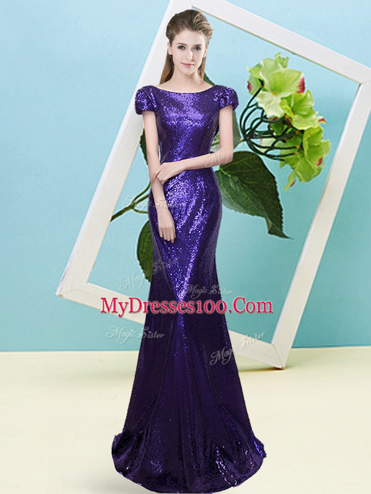 Superior Purple Cap Sleeves Sequined Zipper Homecoming Dress for Prom and Party