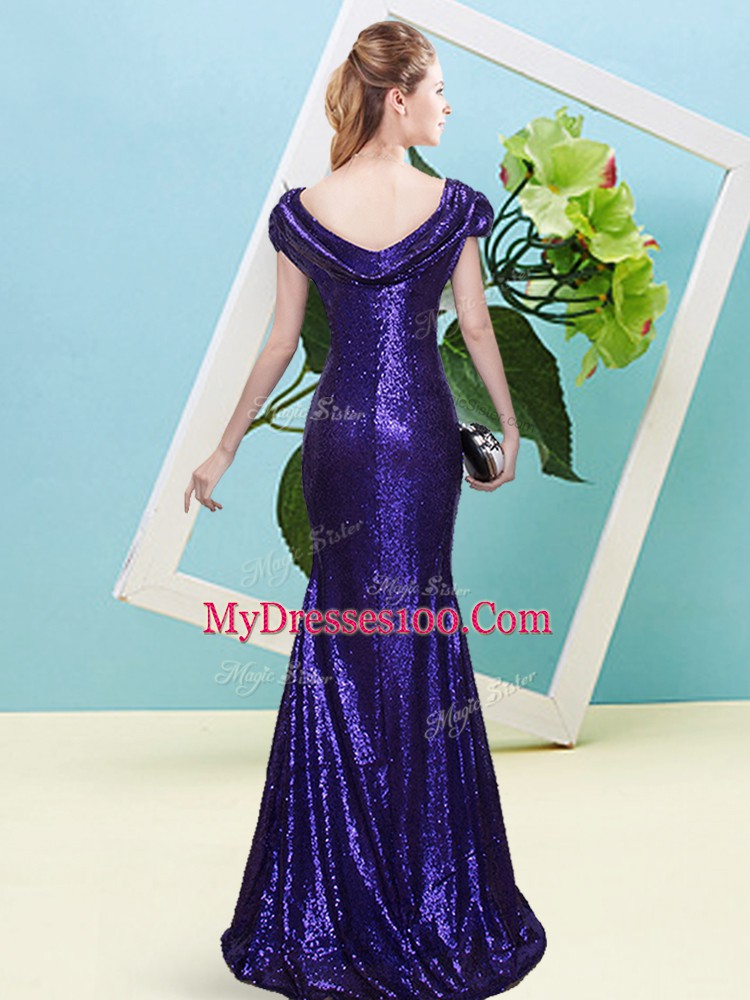 Superior Purple Cap Sleeves Sequined Zipper Homecoming Dress for Prom and Party