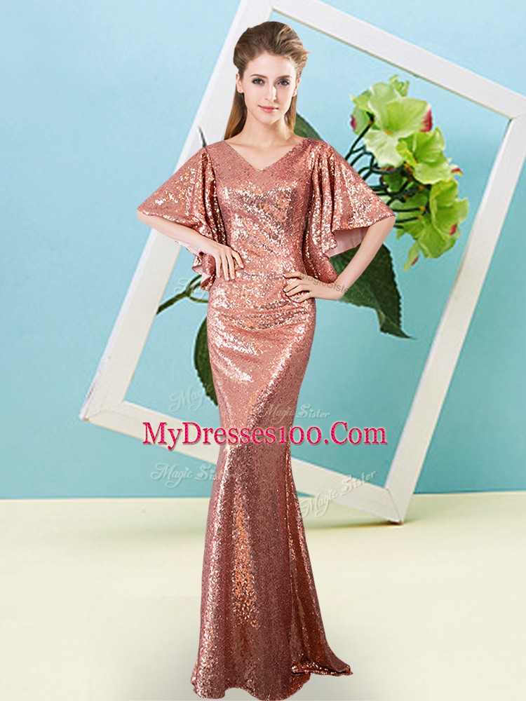 Excellent Floor Length Rust Red Prom Party Dress V-neck Half Sleeves Zipper