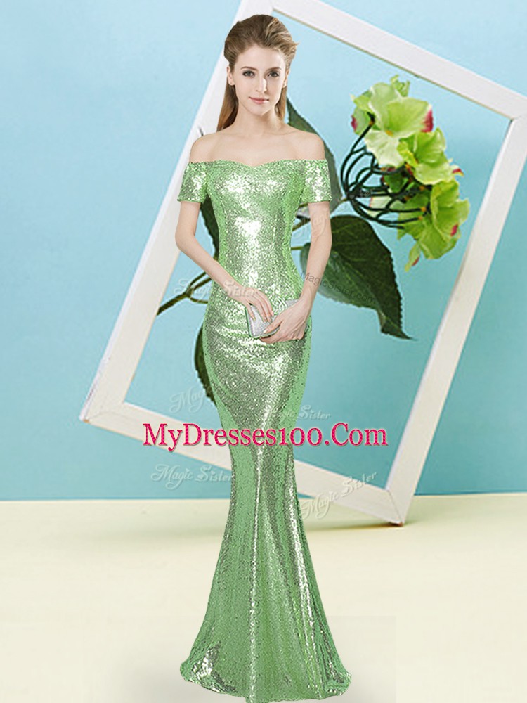 Fantastic Zipper Off The Shoulder Sequins Prom Gown Sequined Short Sleeves