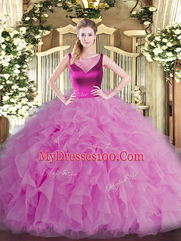 Lilac Scoop Side Zipper Beading and Ruffles Quince Ball Gowns Sleeveless