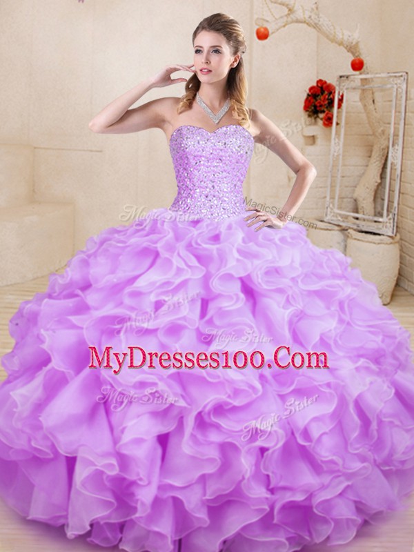Lilac Sleeveless Floor Length Beading and Ruffles Lace Up Vestidos de Quinceanera