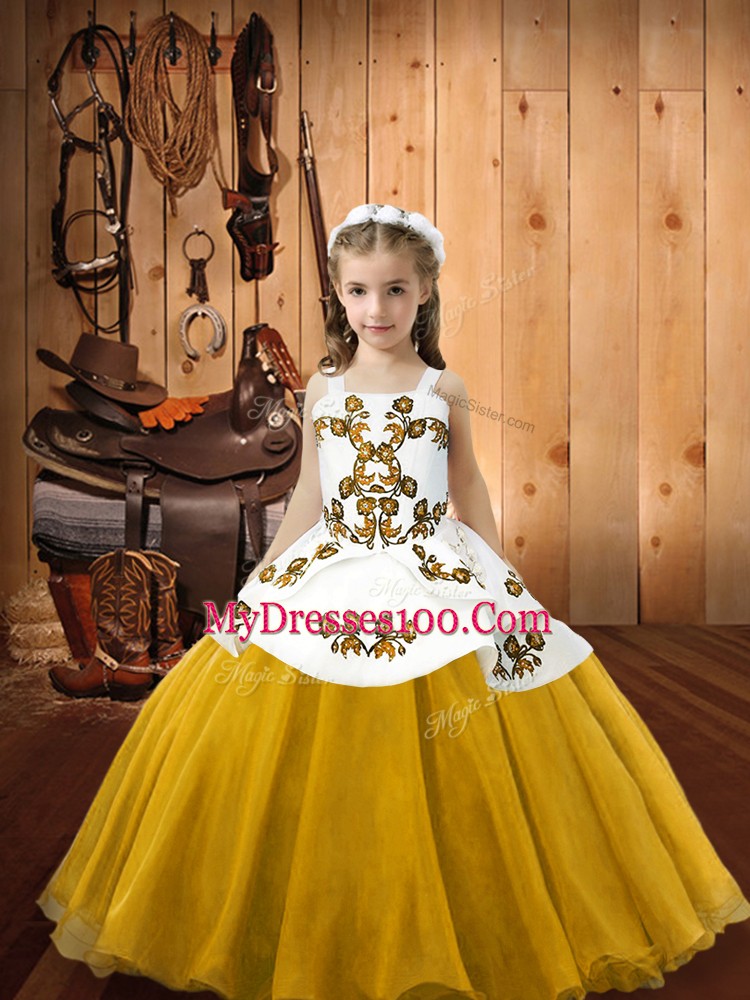 Gold Straps Neckline Embroidery Little Girl Pageant Dress Sleeveless Lace Up
