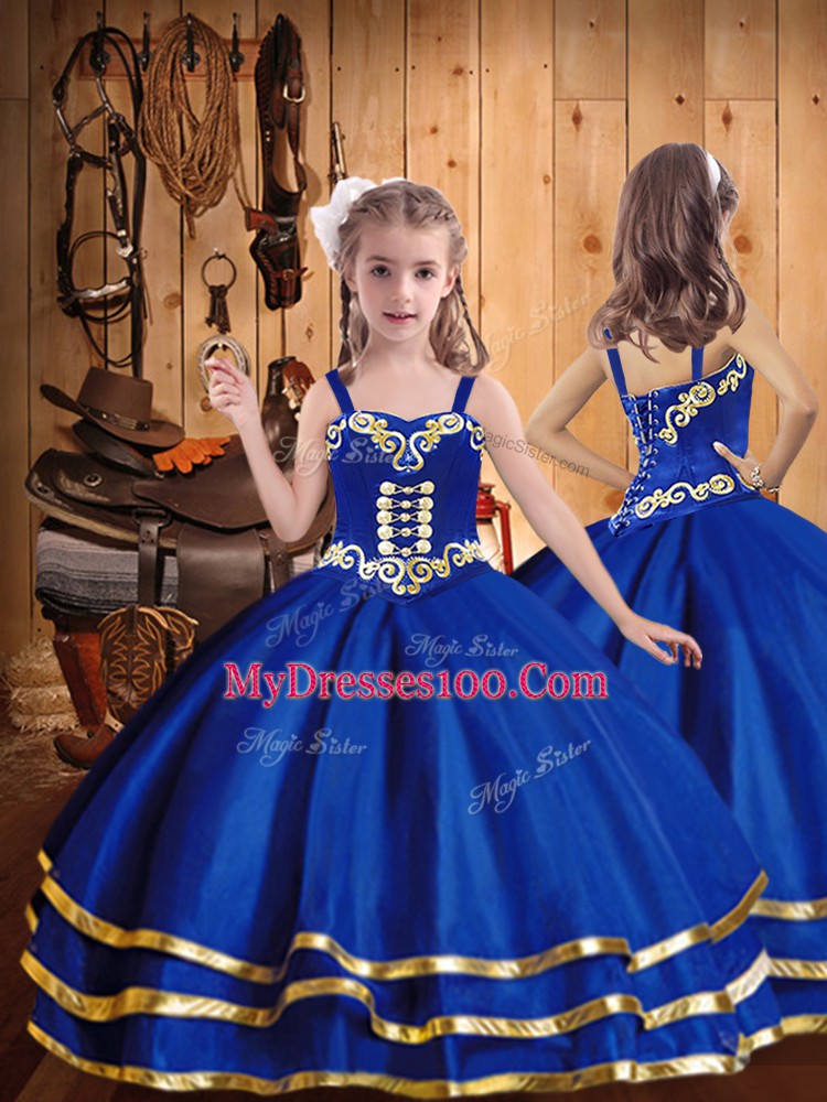 Floor Length Royal Blue Kids Formal Wear Straps Sleeveless Lace Up