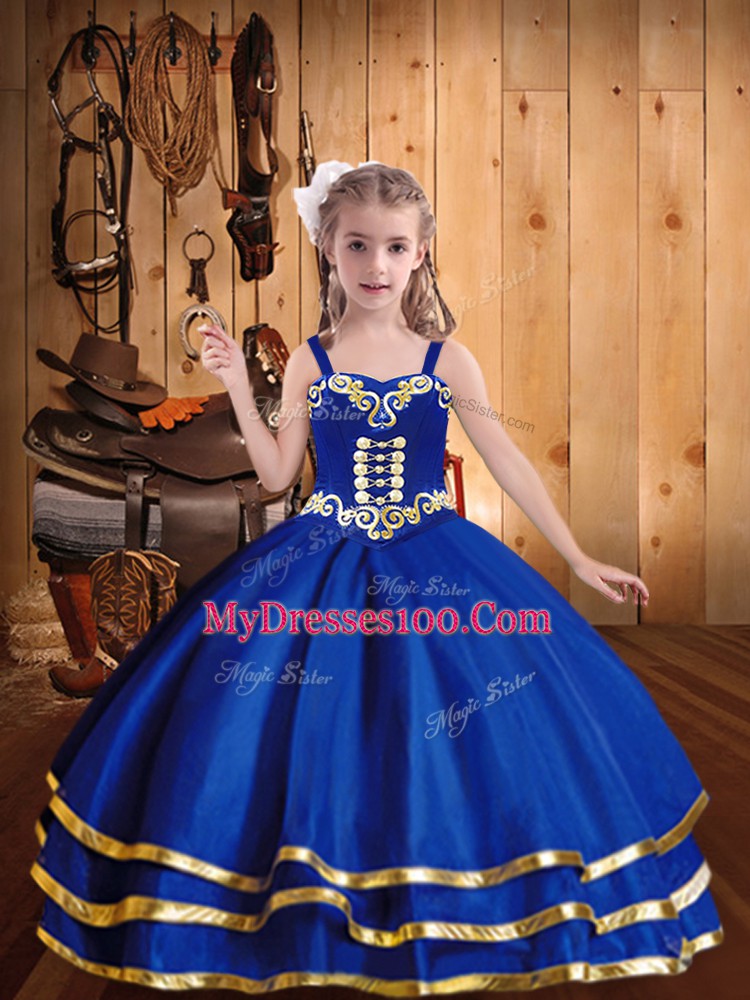 Floor Length Royal Blue Kids Formal Wear Straps Sleeveless Lace Up