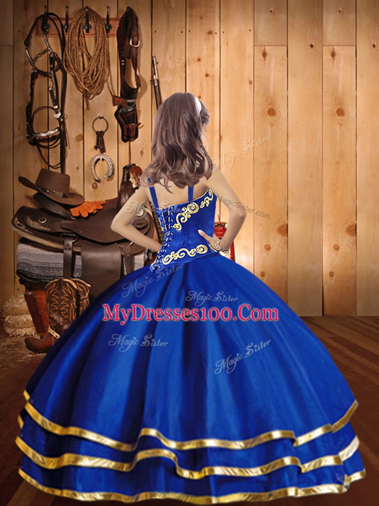 Floor Length Royal Blue Kids Formal Wear Straps Sleeveless Lace Up