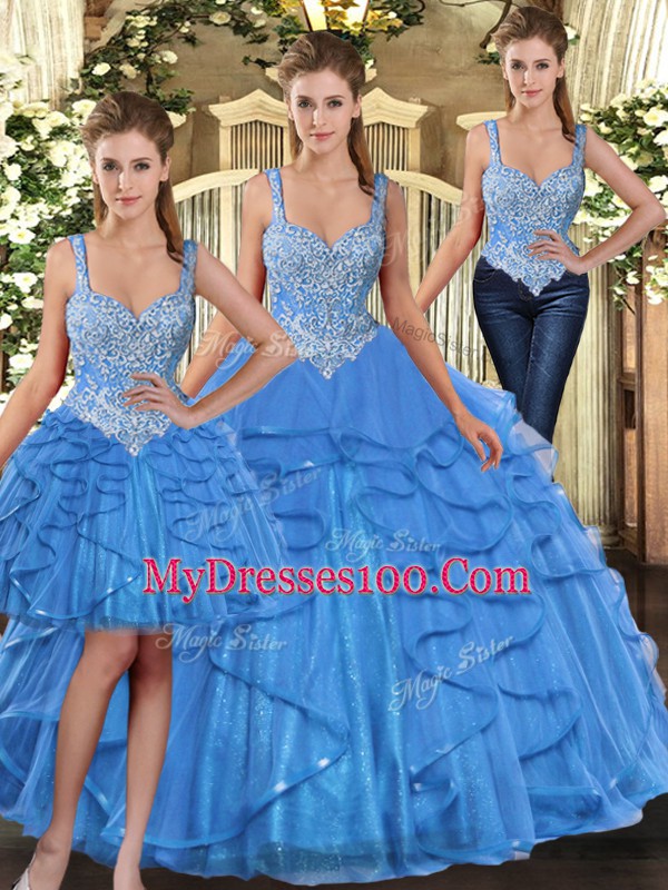 Baby Blue Straps Lace Up Beading and Ruffles Vestidos de Quinceanera Sleeveless