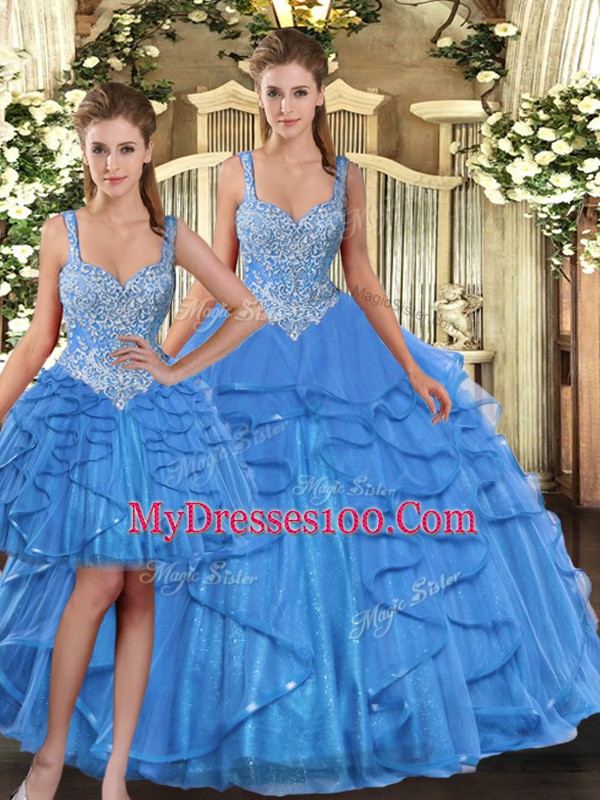 Baby Blue Straps Lace Up Beading and Ruffles Vestidos de Quinceanera Sleeveless