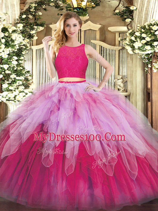 Organza Sleeveless Floor Length Sweet 16 Dresses and Lace and Ruffles