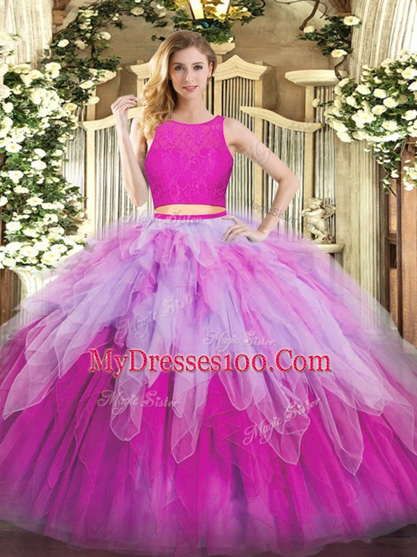 Affordable Floor Length Fuchsia Quinceanera Gowns Scoop Sleeveless Zipper