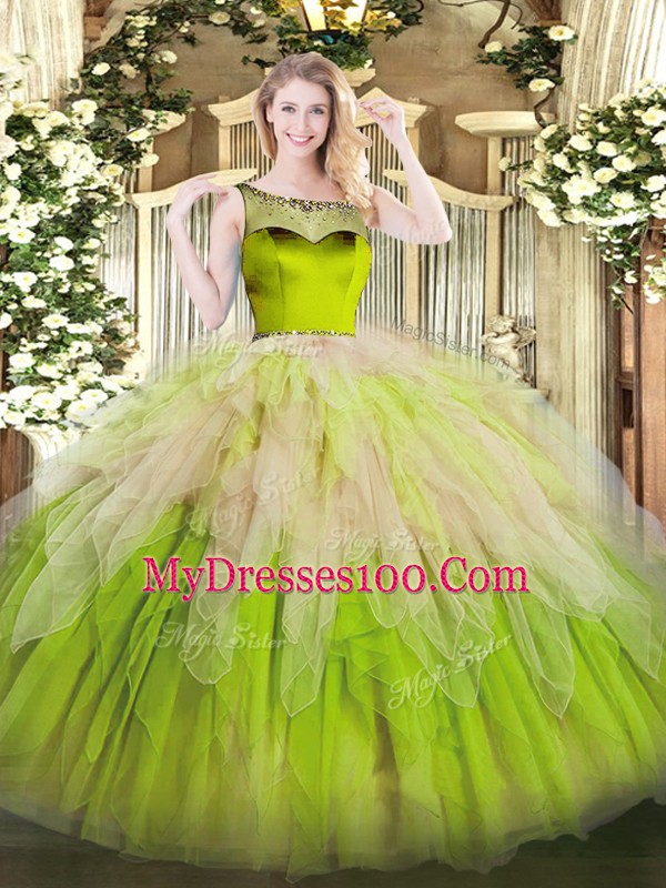 Multi-color Zipper Quinceanera Gowns Beading and Ruffles Sleeveless Floor Length