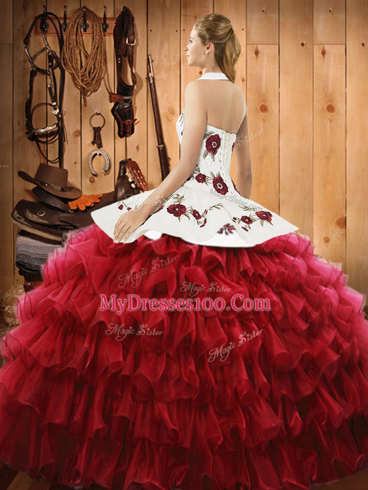 Organza Sleeveless Floor Length 15th Birthday Dress and Embroidery and Ruffled Layers