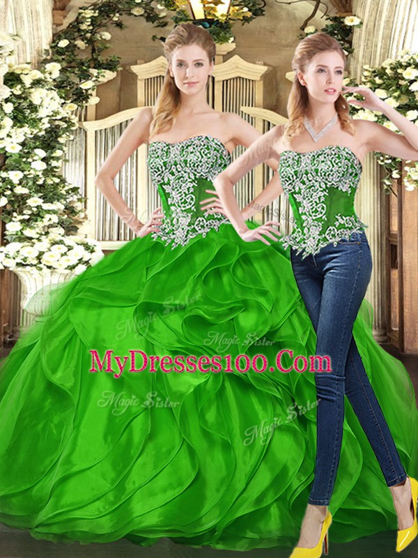 Sweetheart Sleeveless Organza Vestidos de Quinceanera Beading and Ruffles Lace Up
