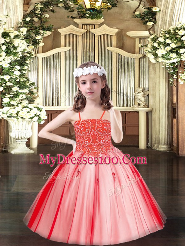 Beading Little Girls Pageant Gowns Coral Red Lace Up Sleeveless Floor Length