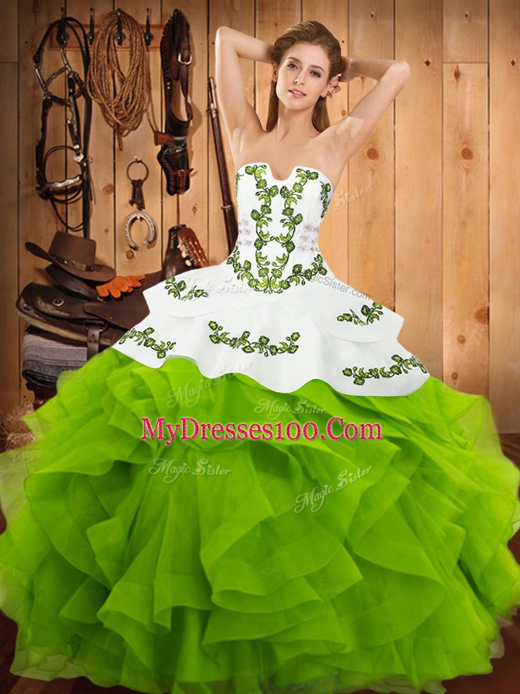 Excellent Satin and Organza Sleeveless Floor Length Quinceanera Gowns and Embroidery and Ruffles