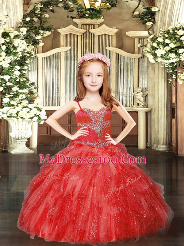 Superior Ball Gowns Kids Pageant Dress Red Spaghetti Straps Tulle Sleeveless Floor Length Lace Up