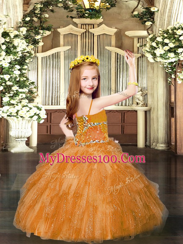 Superior Ball Gowns Kids Pageant Dress Red Spaghetti Straps Tulle Sleeveless Floor Length Lace Up