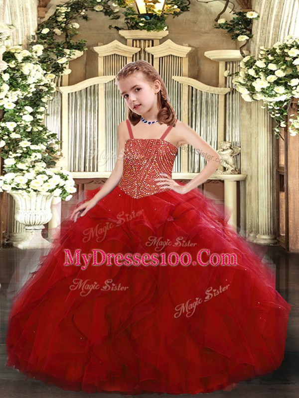 Beading and Ruffles Pageant Gowns For Girls Red Lace Up Sleeveless Floor Length