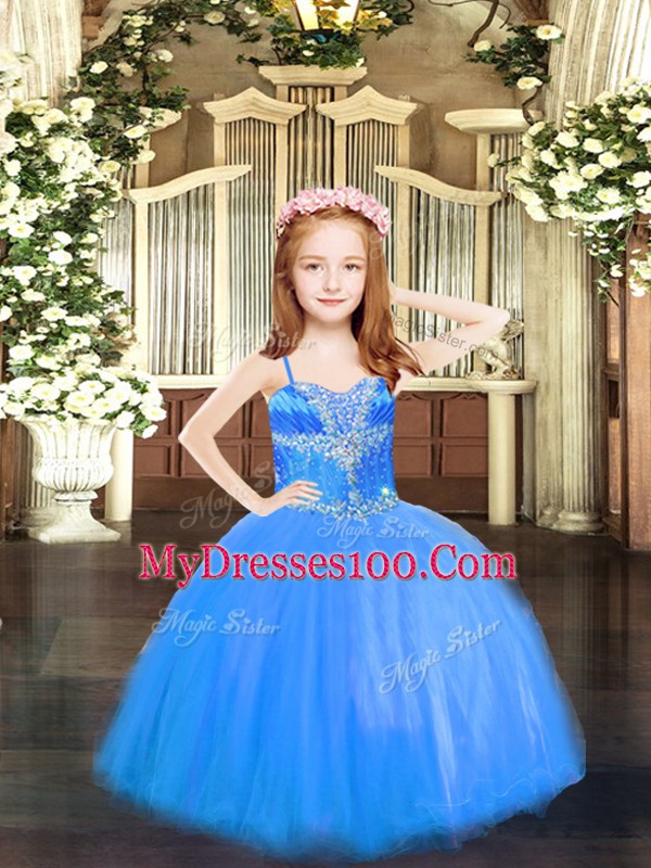 Beading Little Girls Pageant Gowns Blue Lace Up Sleeveless High Low
