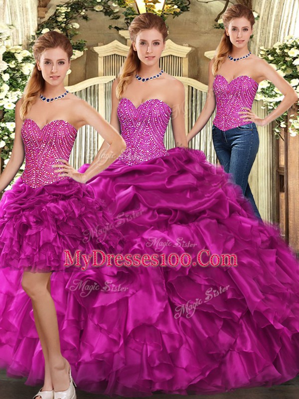 Custom Designed Floor Length Fuchsia Sweet 16 Quinceanera Dress Sweetheart Sleeveless Lace Up
