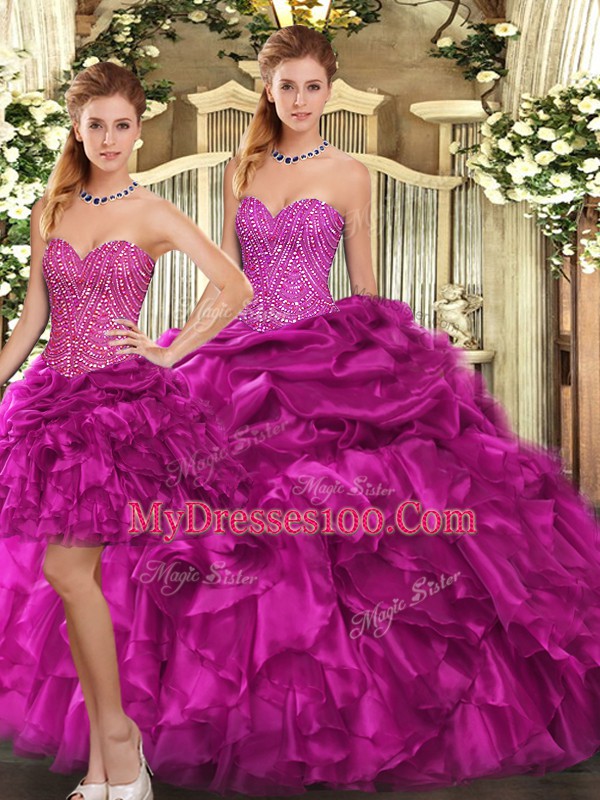 Custom Designed Floor Length Fuchsia Sweet 16 Quinceanera Dress Sweetheart Sleeveless Lace Up