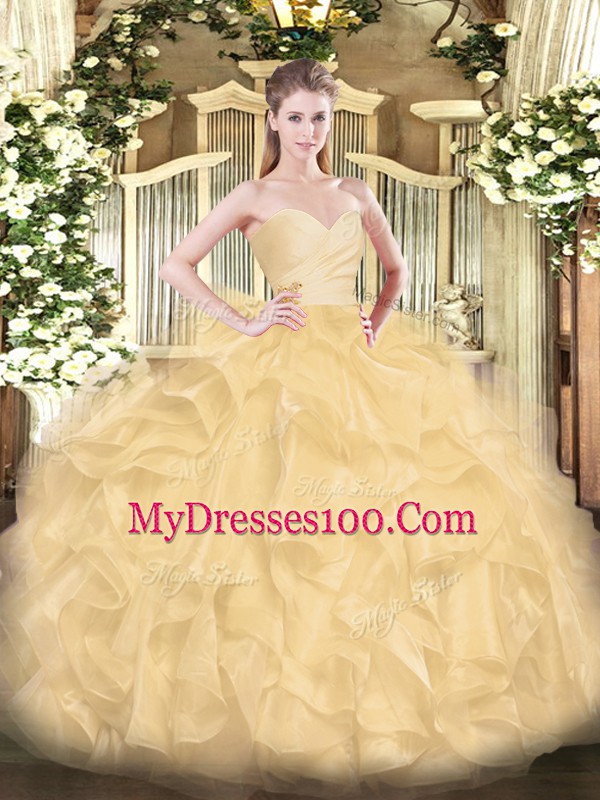 Perfect Gold Sweetheart Neckline Beading and Ruffles Ball Gown Prom Dress Sleeveless Lace Up