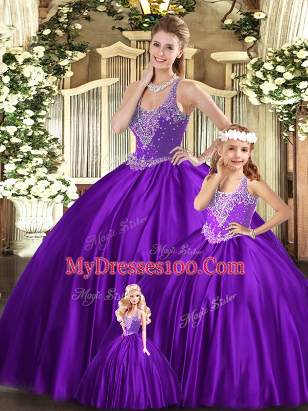Adorable Floor Length Lace Up Sweet 16 Quinceanera Dress Purple for Military Ball and Sweet 16 and Quinceanera with Beading