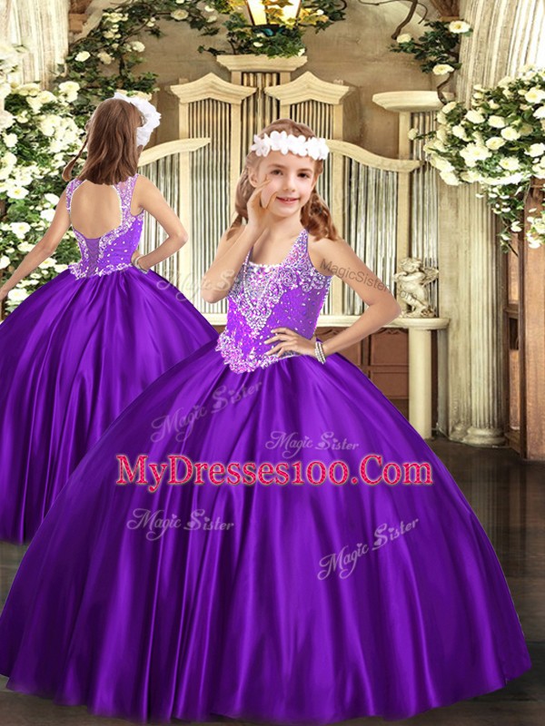 Adorable Floor Length Lace Up Sweet 16 Quinceanera Dress Purple for Military Ball and Sweet 16 and Quinceanera with Beading