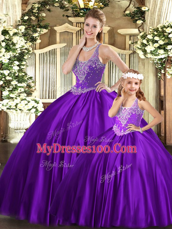 Adorable Floor Length Lace Up Sweet 16 Quinceanera Dress Purple for Military Ball and Sweet 16 and Quinceanera with Beading
