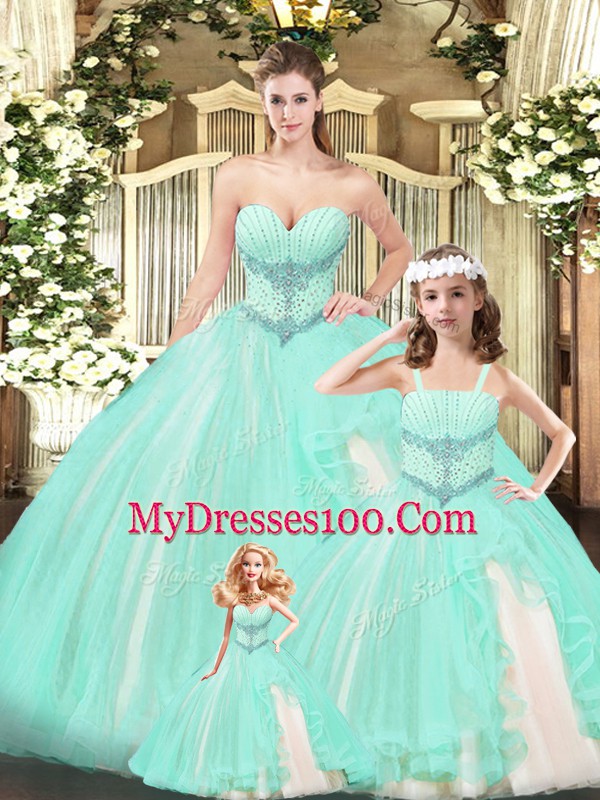 Superior Sweetheart Sleeveless Lace Up Vestidos de Quinceanera Aqua Blue Lace