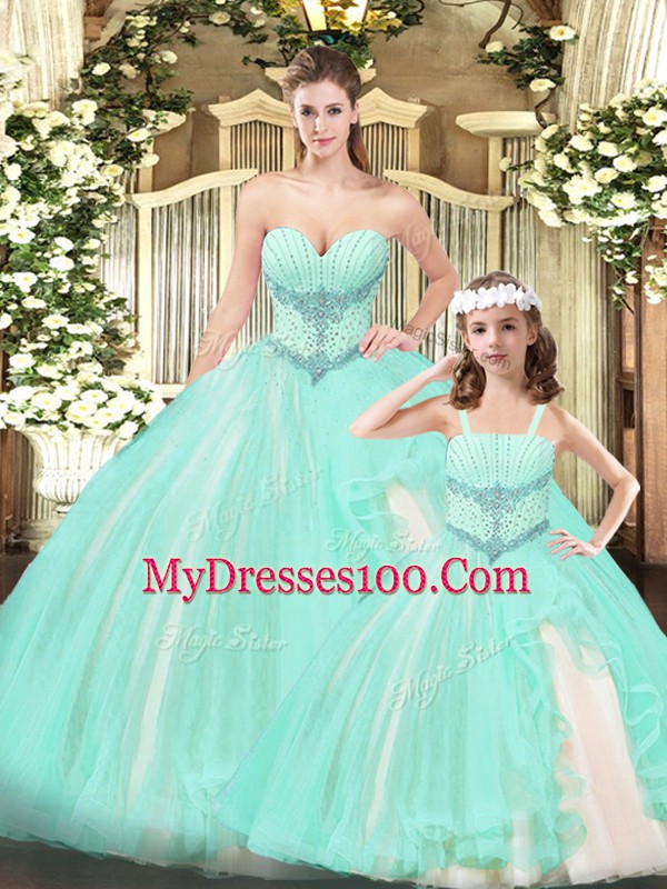 Superior Sweetheart Sleeveless Lace Up Vestidos de Quinceanera Aqua Blue Lace