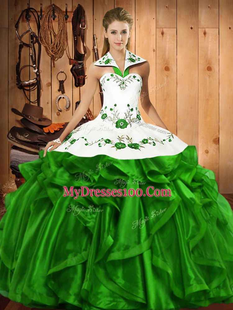 Best Selling Green Satin and Organza Lace Up 15 Quinceanera Dress Sleeveless Floor Length Embroidery and Ruffles