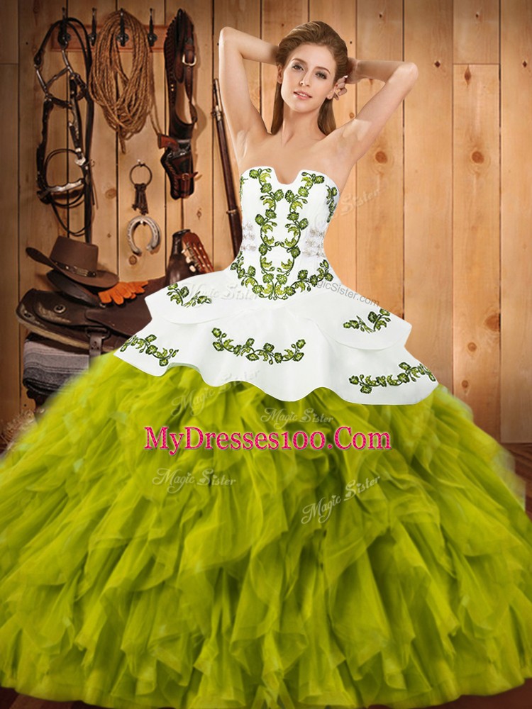 Nice Floor Length Lace Up Quinceanera Dresses Olive Green for Military Ball and Sweet 16 and Quinceanera with Embroidery and Ruffles
