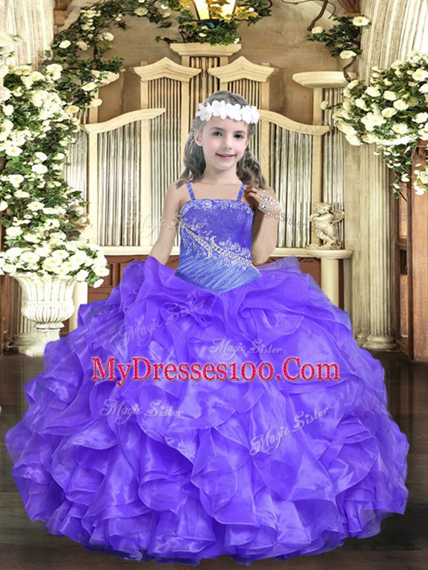 Floor Length Lavender Girls Pageant Dresses Organza Sleeveless Beading and Ruffles