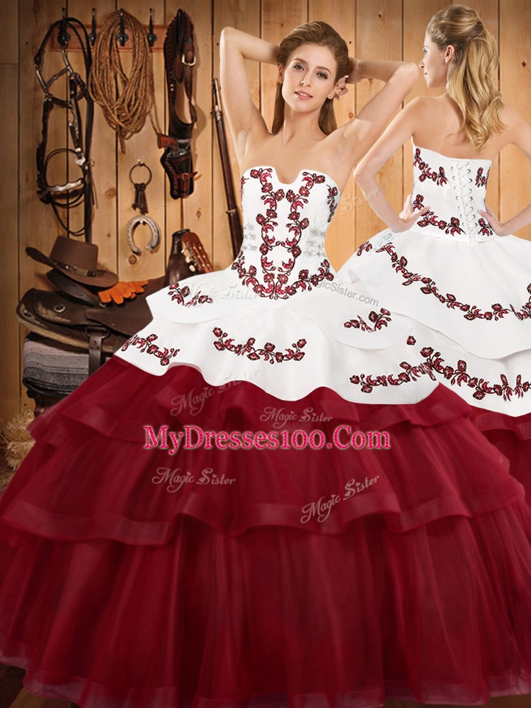 Burgundy Two Pieces Embroidery and Ruffled Layers Quince Ball Gowns Lace Up Satin and Organza Sleeveless With Train