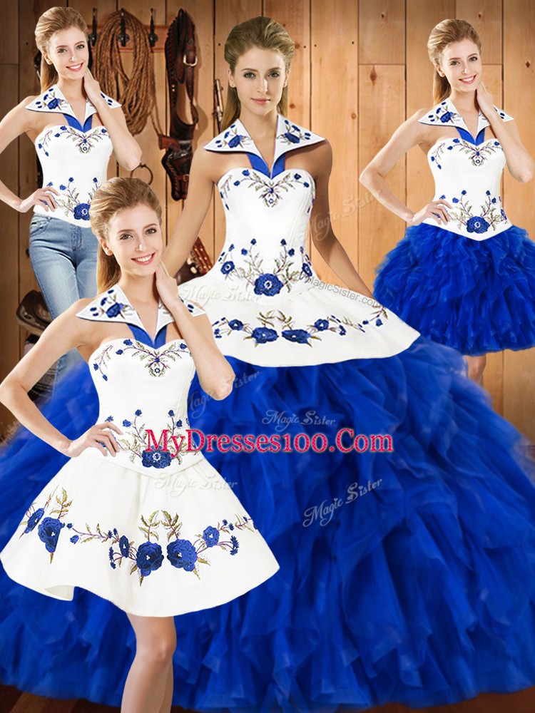 Charming Blue And White Sleeveless Floor Length Embroidery and Ruffles Lace Up Quinceanera Gown