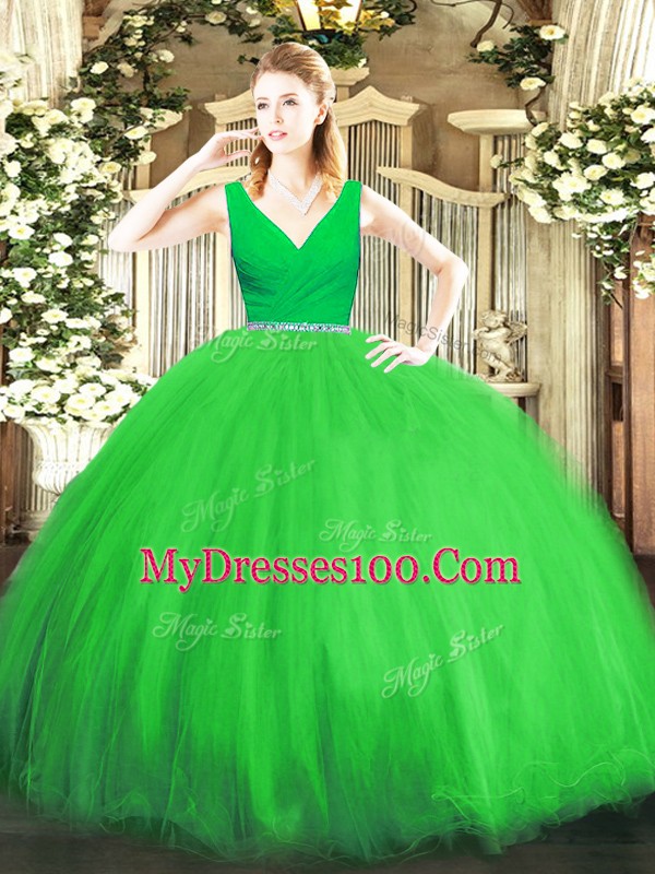Shining Tulle V-neck Sleeveless Zipper Beading Quince Ball Gowns in