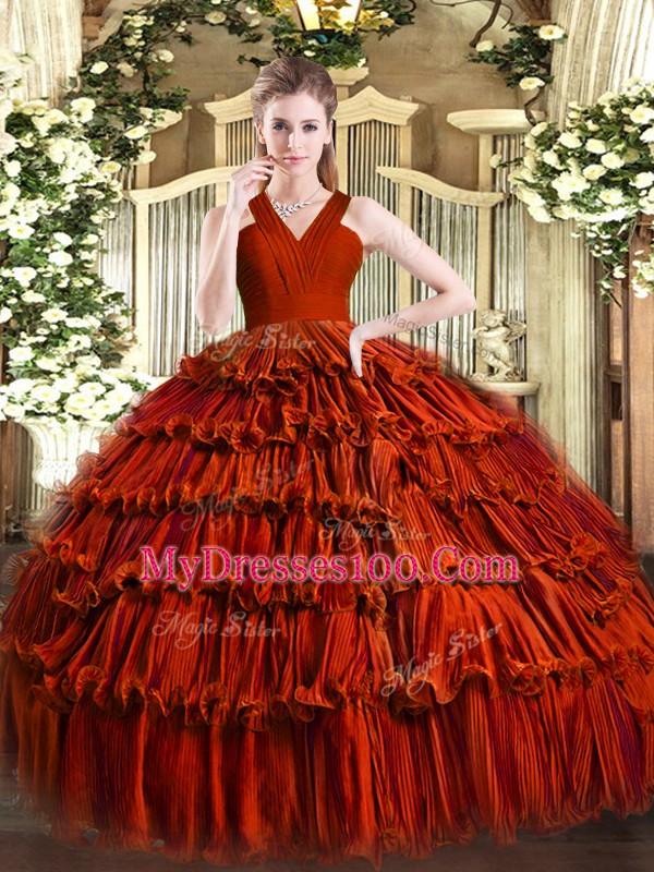 Fancy Sleeveless Floor Length Ruffled Layers Zipper Quinceanera Gown with Rust Red