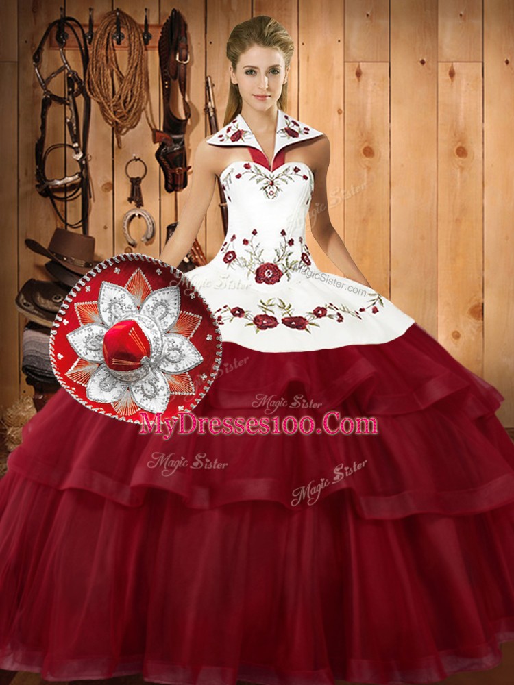 Beauteous Wine Red Ball Gowns Embroidery and Ruffled Layers Quinceanera Gown Lace Up Satin and Organza Sleeveless With Train