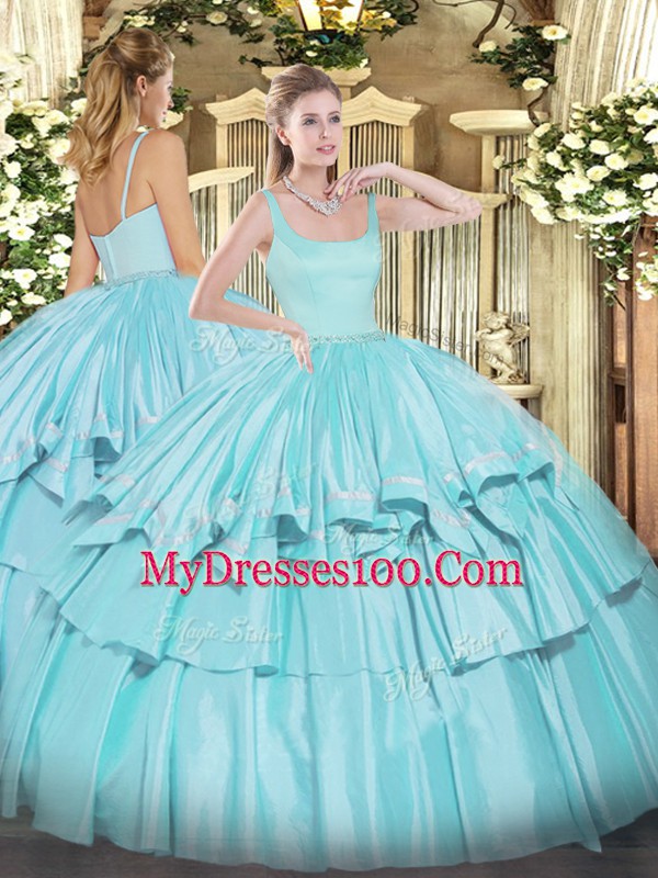 Clearance Organza and Taffeta Straps Sleeveless Zipper Beading and Ruffled Layers Sweet 16 Dresses in Aqua Blue