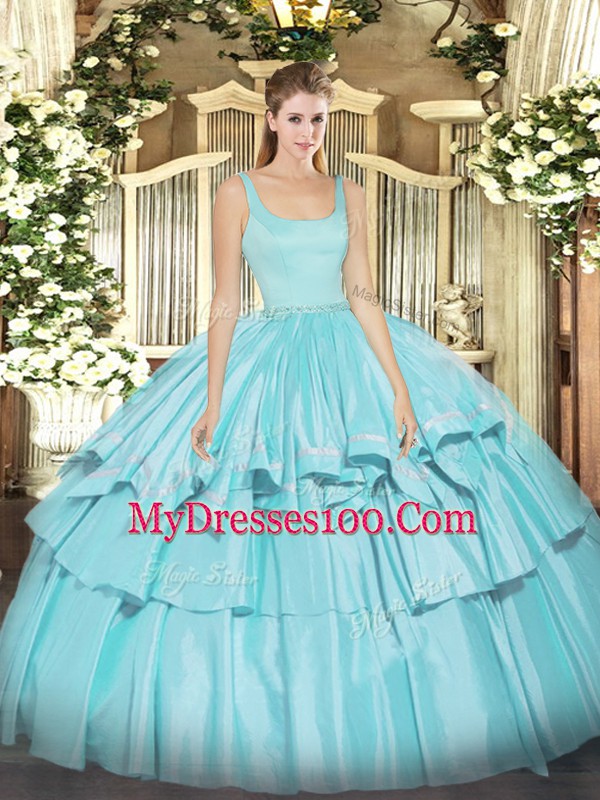 Clearance Organza and Taffeta Straps Sleeveless Zipper Beading and Ruffled Layers Sweet 16 Dresses in Aqua Blue