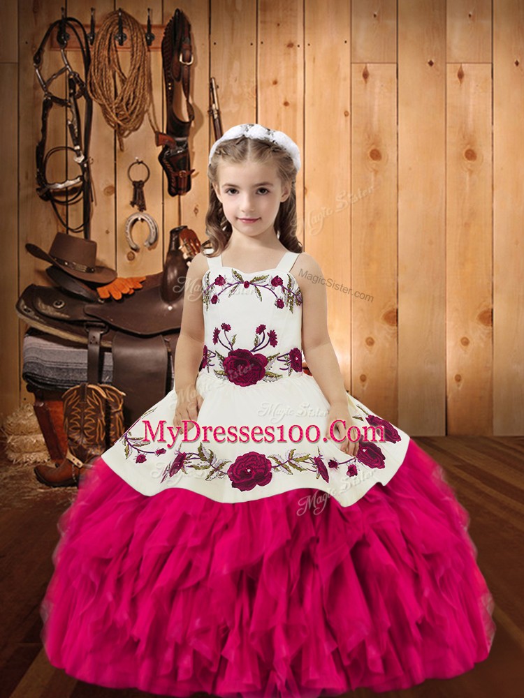 Perfect Floor Length Fuchsia Kids Formal Wear Straps Sleeveless Lace Up