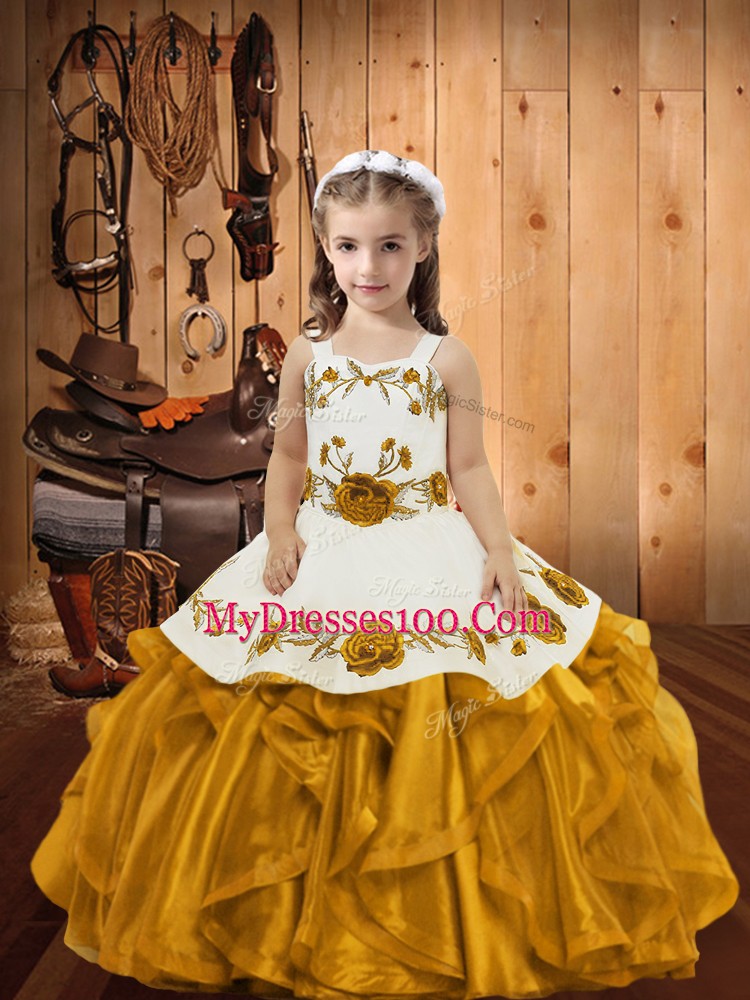 Floor Length Ball Gowns Sleeveless Gold Kids Pageant Dress Zipper