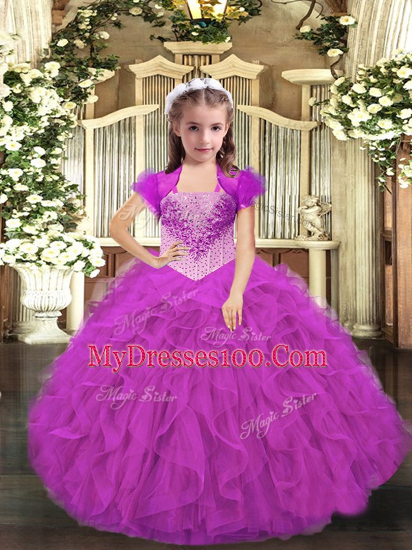Ball Gowns Little Girls Pageant Gowns Fuchsia Straps Organza Sleeveless Floor Length Lace Up